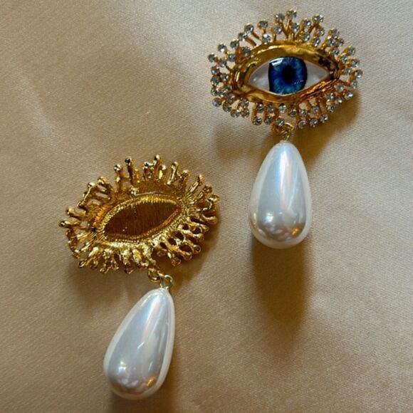 trendy evil eye pearl drop earrings A430 - Picture 3 of 4